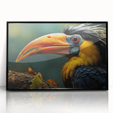 Framed tropical bird wall art design featuring vibrant colors and intricate details, displayed in sleek black frame, ideal for enhancing modern decor.