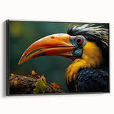 Framed canvas wall art showcasing a vibrant tropical bird design, featuring a black frame and side view display, perfect for enhancing home decor with a touch of nature.