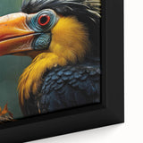 Close-up of a framed canvas showcasing a vibrant tropical birds design, featuring lush greens and vivid colors, ideal for adding a lively touch to home decor.