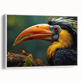 Framed wall art featuring a vibrant tropical birds design on a textured canvas, showcasing colorful bird illustrations against a white background, perfect for home decor.