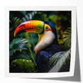 Tropical birds wall art collection showcasing vibrant, glossy prints featuring colorful exotic birds on a textured background, perfect for home decor enhancement.