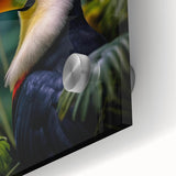 Close-up of a vibrant tropical birds wall art design featuring detailed acrylic glass, showcasing vivid colors and intricate patterns, perfect for enhancing home decor.