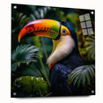 Vibrant tropical birds wall art design displayed in an acrylic glass frame, showcasing colorful feathers and intricate details, perfect for home decor enhancement.