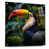 Vibrant tropical birds wall art design displayed in an acrylic glass frame, showcasing colorful feathers and intricate details, perfect for home decor enhancement.