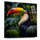 Vibrant tropical birds wall art design in acrylic glass, showcasing colorful parrot and toucan illustrations, elegantly displayed from a side view without pins. Perfect for brightening up modern home decor.