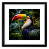 Tropical-themed wall art featuring vibrant birds in a black frame with a mat, designed for modern decor. Ideal for enhancing living spaces with a touch of nature.