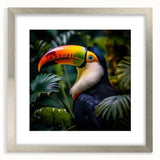 Tropical birds wall art design in a silver frame with matting, showcasing vibrant colors and intricate details, perfect for adding a touch of nature to home decor.