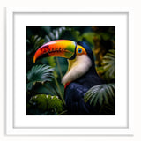 Tropical birds wall art framed in a white mat, showcasing vibrant colors and intricate details, perfect for adding a touch of nature to home decor.