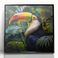 Framed tropical bird wall art showcasing vibrant colors and intricate details, set against a sleek black frame, perfect for home decor or nature-themed interiors.