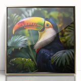 Framed wall art featuring a vibrant tropical birds design with colorful plumage, set in an elegant gold frame, ideal for enhancing home decor and adding a touch of nature-inspired elegance.