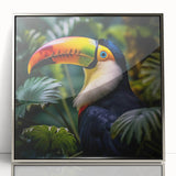 Framed wall art featuring a vibrant tropical birds design in bright colors, with a sleek silver frame highlighting the artwork's lively patterns, perfect for home decor.