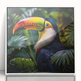 Framed wall art featuring a vibrant tropical bird design with colorful plumage, set against a sleek white background, ideal for enhancing modern home decor.