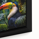 Close-up of a vibrant tropical birds wall art piece, featuring detailed illustrations of colorful feathers and lush foliage, perfect for home decor. Framed canvas adds elegance to any room.