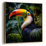 Framed wall art featuring a vibrant tropical bird design in rich colors, showcasing intricate details and a gold frame, perfect for enhancing any decor.