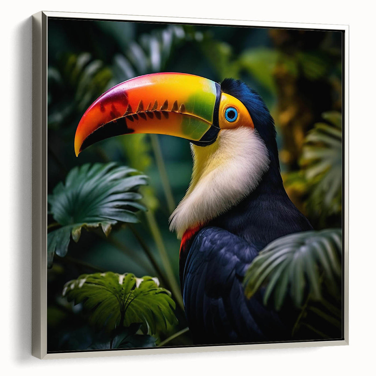 Framed wall art featuring a vibrant tropical bird design, showcasing colorful feathers on a textured canvas with a sleek silver frame, perfect for home decor.