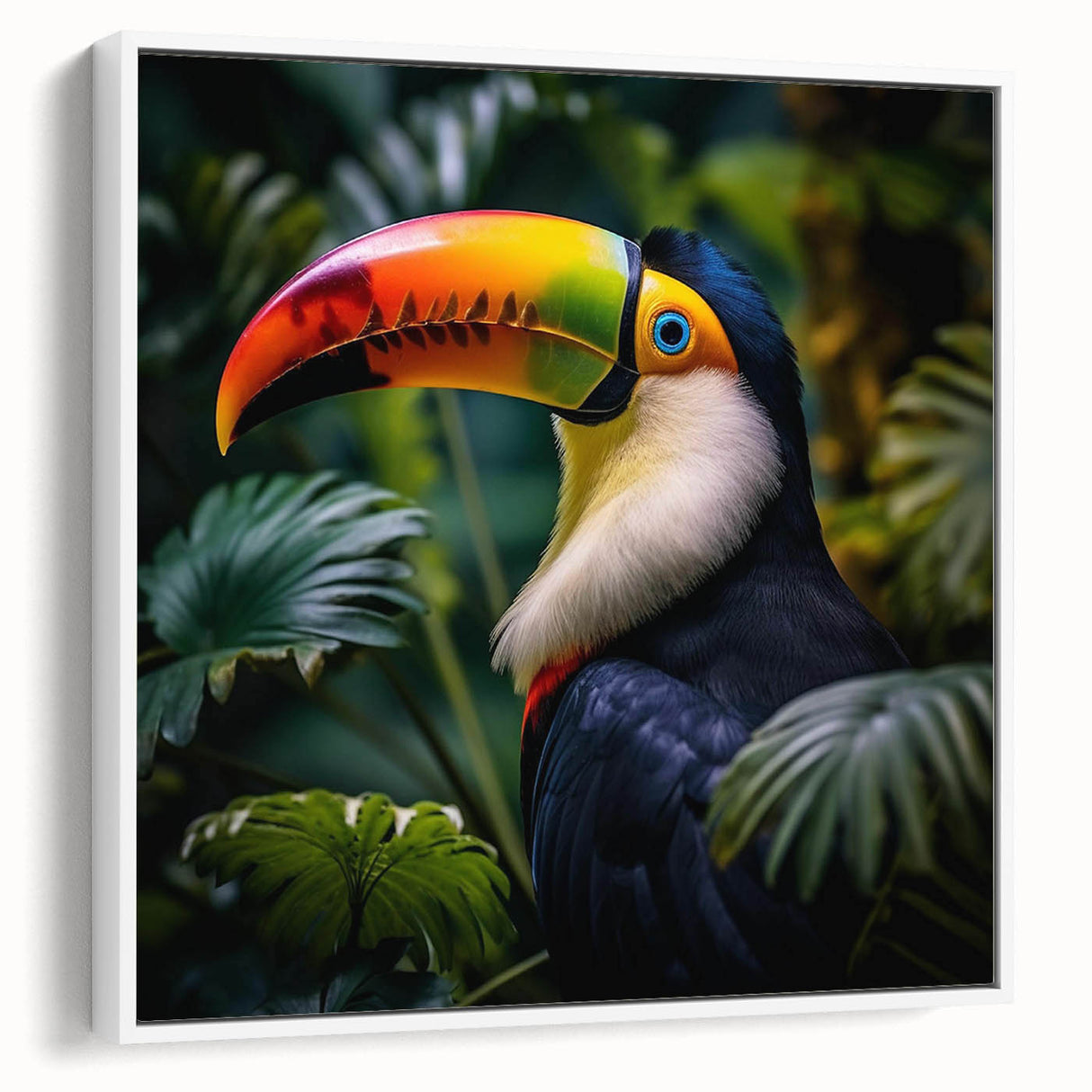 Framed canvas wall art showcasing a vibrant tropical bird design, featuring lush colors and intricate details, perfect for enhancing home decor with a nature-inspired theme.