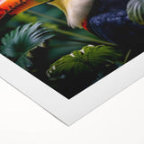 Vibrant tropical birds wall art design printed on high-quality rolled canvas, showcasing vivid colors and intricate details, perfect for home decor enhancement.