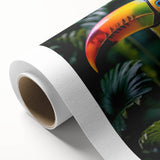 Vibrant rolled canvas showcasing a tropical bird design with lush green foliage, ideal for home decor or accent walls, packaged securely in a protective tube.