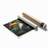 Vibrant tropical bird design wall art print showcasing colorful parrots and foliage, rolled for easy display and shipping, perfect for home decor enthusiasts.