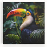 Vibrant tropical bird wall art canvas featuring colorful parrots and exotic foliage, designed for modern decor. Perfect for adding a lively touch to interiors.
