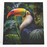 Tropical bird wall art collection on stretched canvas, showcasing vibrant colors and intricate details, perfect for enhancing living spaces or art displays.
