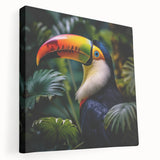 Vibrant tropical birds design on stretched canvas wall art showcasing colorful feathers and intricate details, perfect for brightening home decor.