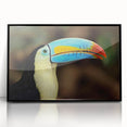 Framed acrylic wall art featuring a vibrant tropical birds design with vivid colors, ideal for home decor, displayed in a sleek black frame.