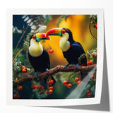 Tropical bird wall art collection showcasing vibrant colors and intricate designs, printed on glossy canvas, ideal for home decor and nature enthusiasts.