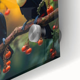 Close-up of a vibrant tropical bird wall art design, showcasing colorful plumage and intricate details, printed on acrylic glass for a stunning visual effect. Perfect for enhancing home decor with a touch of nature.