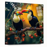 Vibrant tropical birds wall art displayed in a sleek acrylic frame, featuring a colorful design that enhances any room decor, with visible mounting pins highlighting its modern aesthetic.