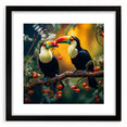 Tropical bird wall art collection framed in black, showcasing vibrant colors and intricate designs, perfect for enhancing home decor and adding a lively touch to any space.