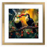 Framed tropical bird wall art showcasing vibrant colors and intricate details, featuring a gold mat and frame, perfect for enhancing home decor.