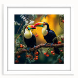 Tropical birds wall art print featuring vibrant colors and intricate designs, framed with a white mat for an elegant display in home decor. Ideal for nature lovers.