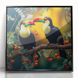 Framed wall art featuring a vibrant tropical birds design with rich colors, set in a sleek black frame, ideal for enhancing modern home decor.