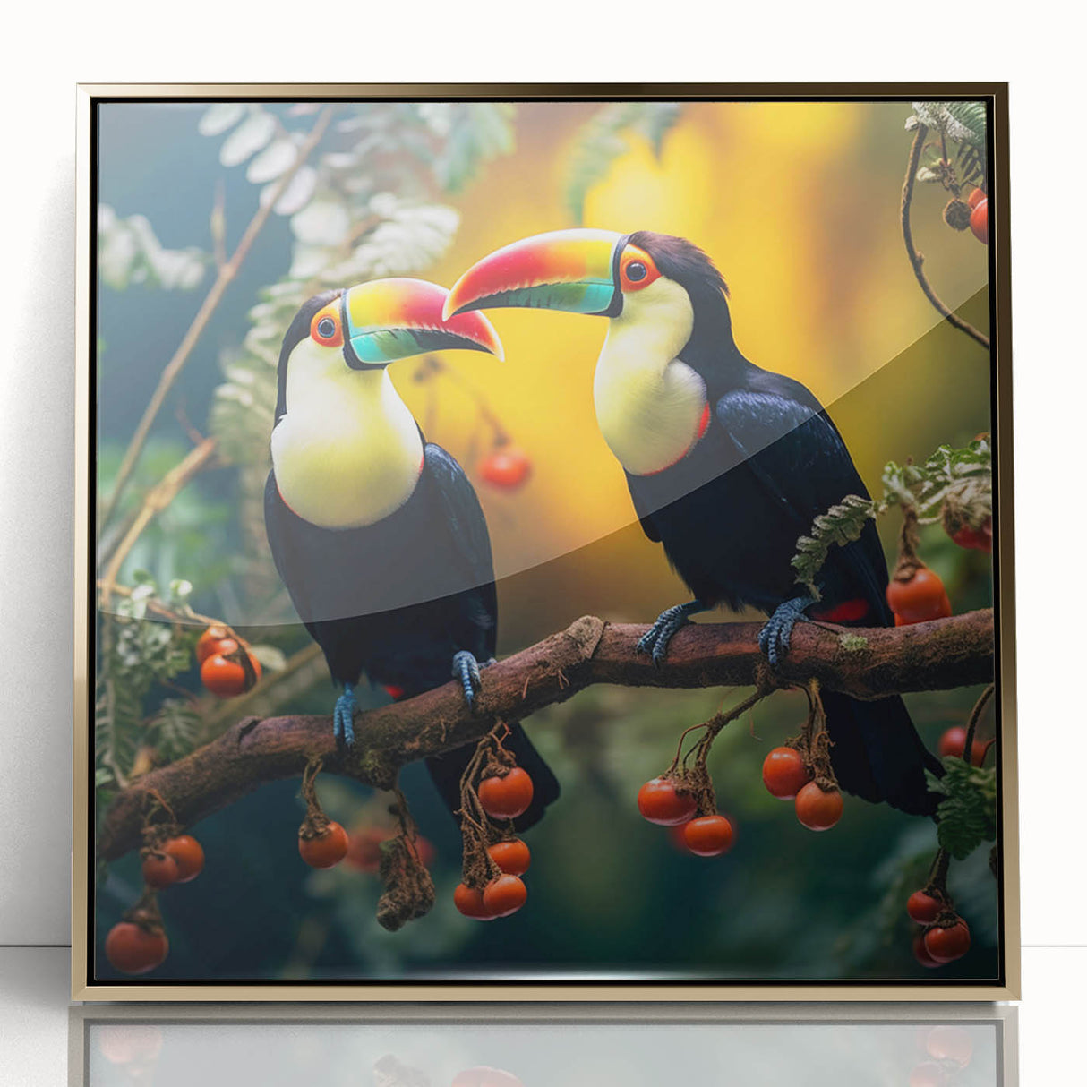 Framed wall art showcasing a vibrant tropical bird design, featuring gold accents and a sleek acrylic front, perfect for enhancing modern decor.