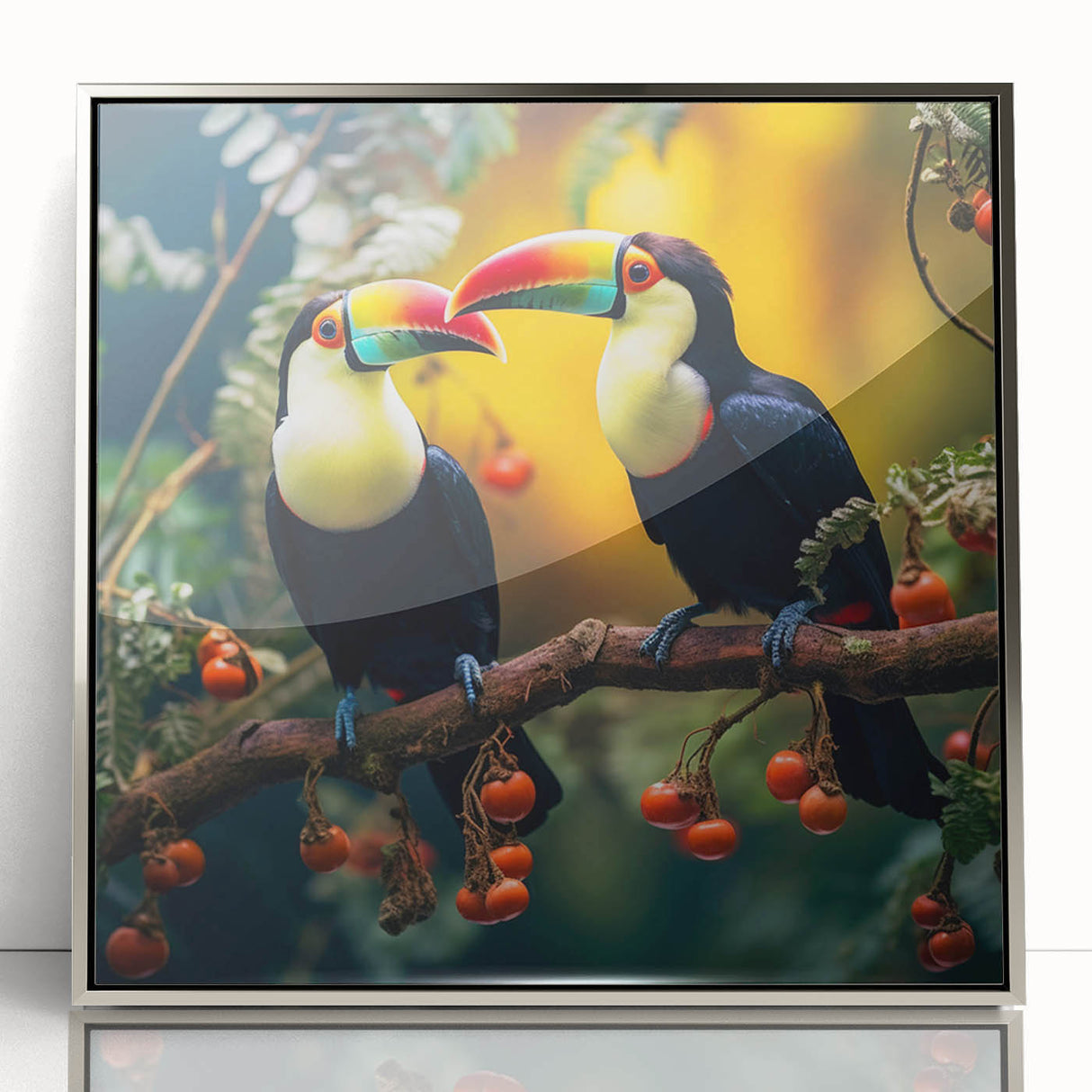 Framed wall art featuring a vibrant tropical bird design with a sleek silver acrylic frame, perfect for enhancing modern home decor and adding a splash of color.