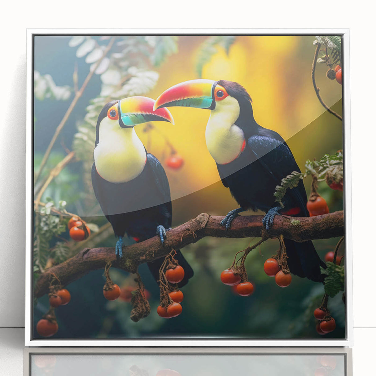 Framed wall art featuring a vibrant tropical bird design with lush green foliage, showcasing vivid colors and a modern white frame, perfect for home decor.