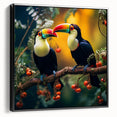 Framed canvas wall art showcasing a vibrant tropical bird design with lush green foliage, featuring a sleek black frame and side profile view, ideal for home decor.