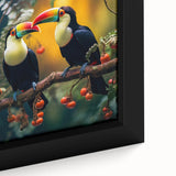 Vibrant close-up of a framed tropical birds wall art canvas featuring colorful parakeets and lush green foliage, perfect for brightening home decor.