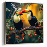 Tropical-themed wall art featuring colorful birds in a framed canvas design, showcasing vibrant hues and intricate details, perfect for brightening any living space.