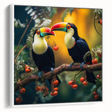 Framed canvas wall art featuring a vibrant tropical bird design, showcasing colorful parakeets and lush greenery, set against a white background for a fresh, modern look. Ideal for brightening any living space or office decor.