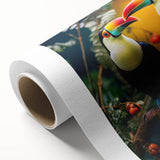 Tropical birds wall art design on rolled canvas showcasing vibrant colors, including greens, blues, and yellows, ideal for home decor and nature lovers.