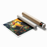 Tropical bird wall art print showcasing vibrant colors and intricate details of exotic birds against a lush green background, ideal for home decor.