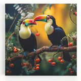 Vibrant tropical bird wall art on stretched canvas, showcasing colorful parrot and toucan designs against a lush green background, perfect for home decor.
