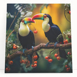 Tropical birds wall art design on stretched canvas, showcasing vibrant colors and intricate details, perfect for enhancing home decor with a natural theme.
