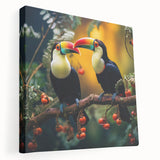 Vibrant tropical birds design on stretched canvas wall art, showcasing vivid colors and intricate details, perfect for brightening any living space or office decor.