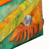 Vibrant tropical birds wall art print featuring a close-up view of colorful bird designs on acrylic glass, perfect for adding a lively touch to modern decor.
