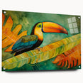 Tropical bird-themed wall art collection displayed in a side view, showcasing vibrant colors and intricate designs on acrylic glass, secured with decorative pins.