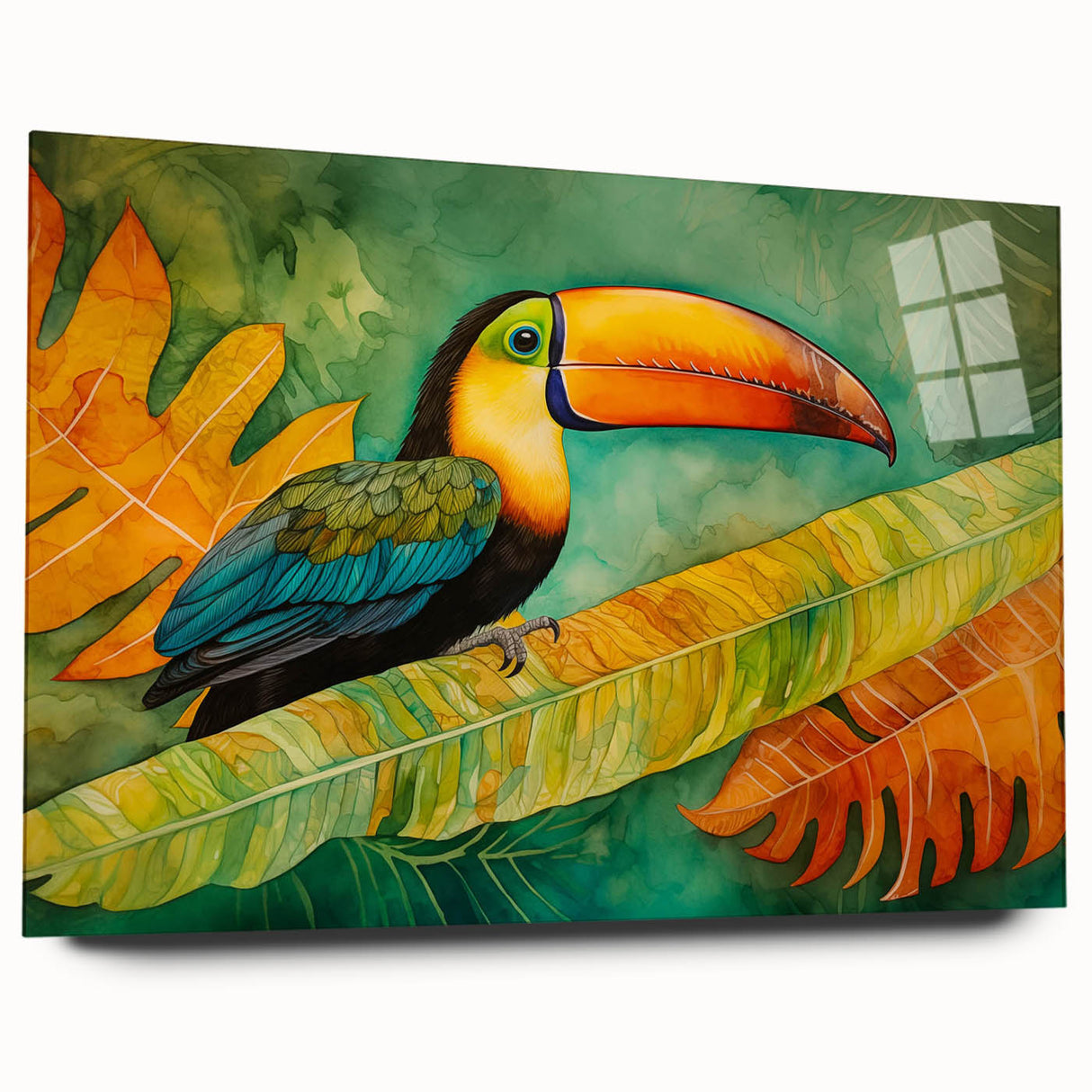 Vibrant tropical bird wall art collection displayed in an acrylic glass frame, showcasing colorful designs against a neutral background, perfect for home decor.