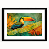 Tropical birds wall art collection framed in black, showcasing vibrant colors and intricate details, ideal for enhancing modern decor in living spaces.